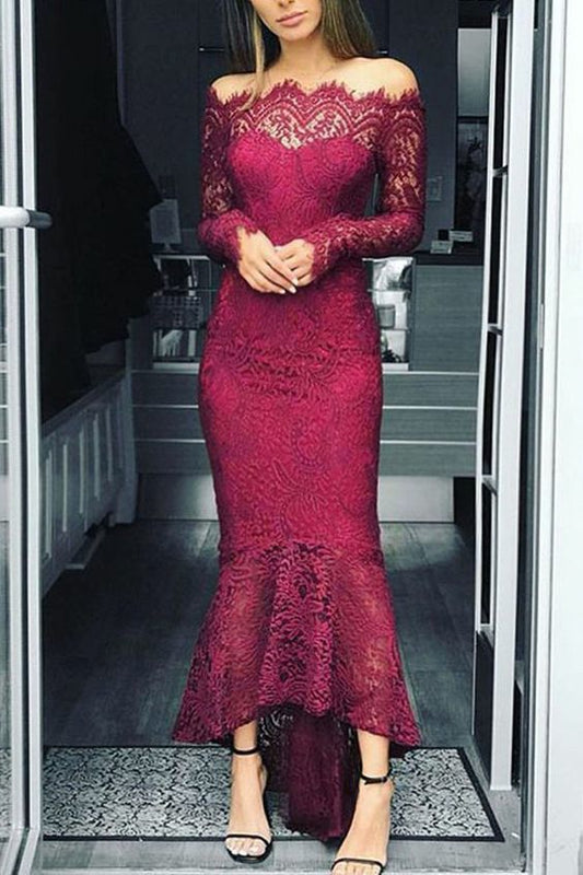 Meerjungfrau-Ballkleid mit schulterfreiem, knöchellangem, weinrotem Spitzendekolleté cg2215