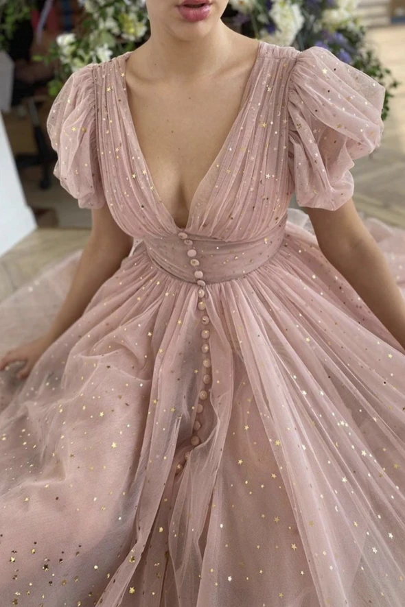 Pink v neck tulle short prom dress party dress cg22162