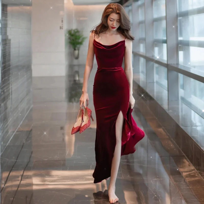 Burgundy Velvet Sexy Mermaid Slit Long Evening Dress, Backless Prom Dress Party Dress cg22168