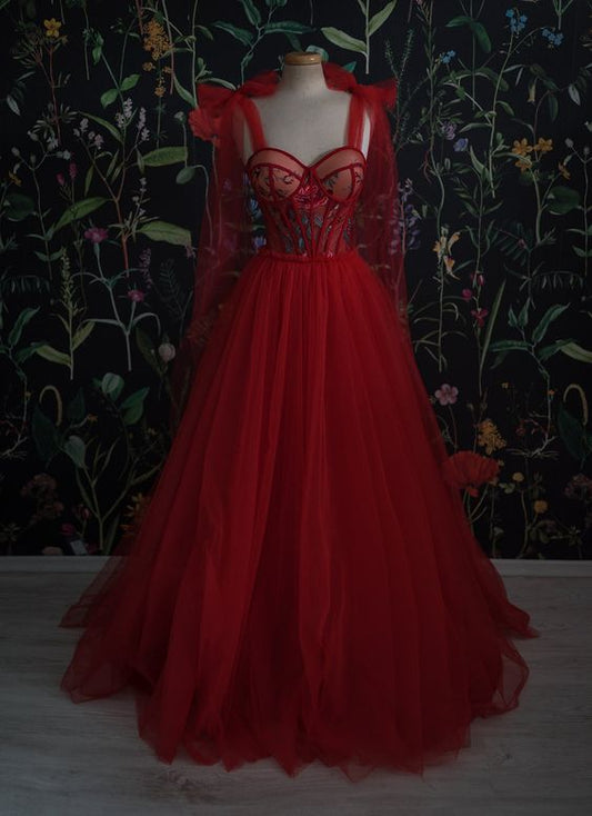 Rotes Samt-Ballkleid aus Tüll, Abendkleider cg22188