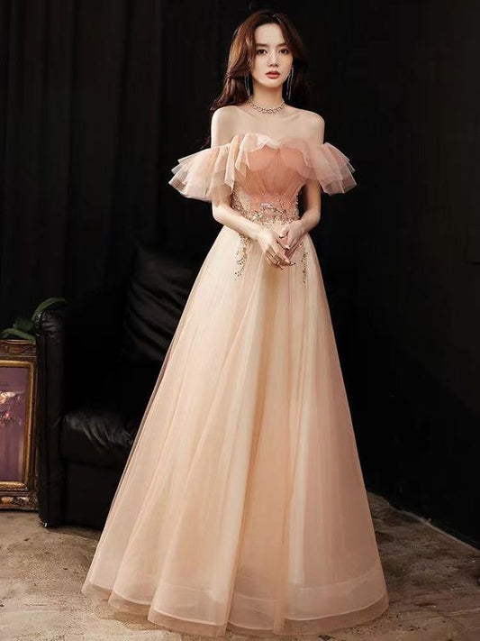Abendkleid mit Volantkragen, schulterfreies Brautjungfernkleid, langes Ballkleid cg22198