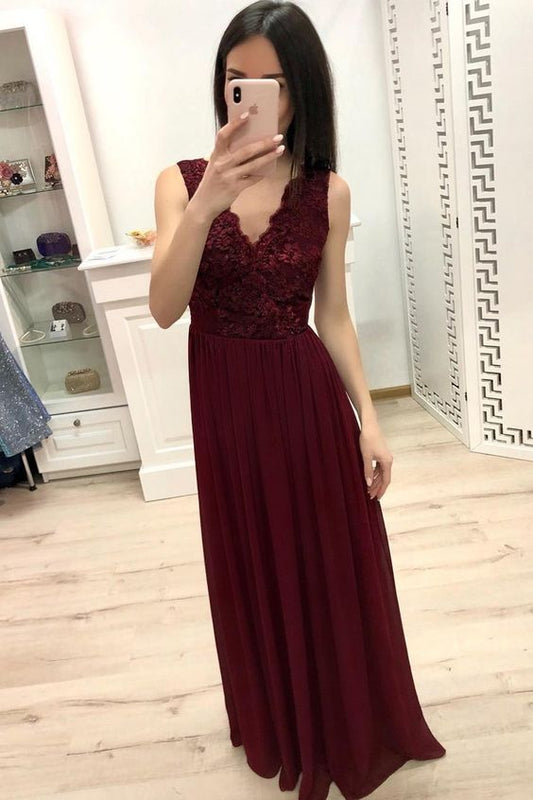 Langes Abendkleid aus Chiffon mit Spitze und V-Ausschnitt in Burgunderrot, Brautjungfernkleider cg2220