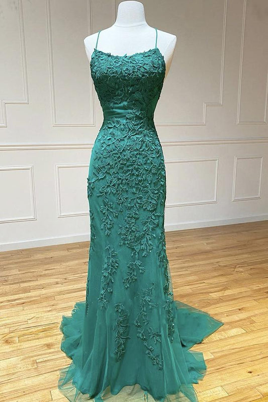 Grüne Spitze Tüll Spaghetti Strap Lange Meerjungfrau Ballkleider Kristall Graduation School Party Kleid cg22210