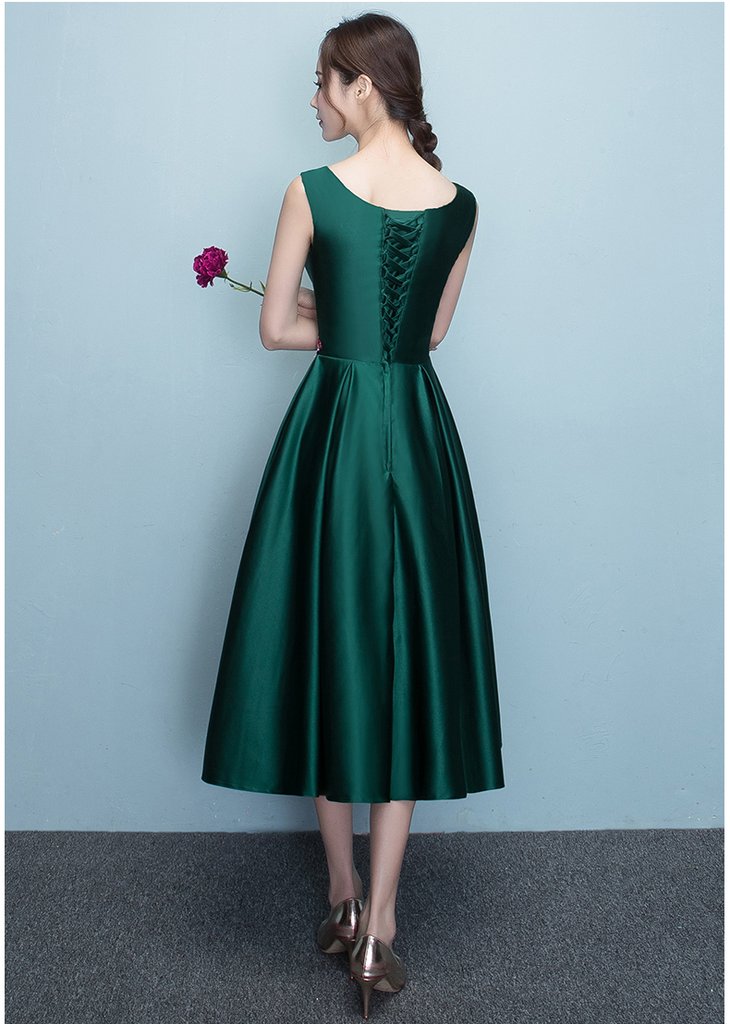 Schönes dunkelgrünes, knielanges, schlichtes Satin-Brautjungfernkleid, Ballkleid cg22223