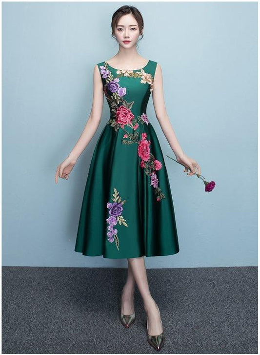 Schönes dunkelgrünes, knielanges, schlichtes Satin-Brautjungfernkleid, Ballkleid cg22223