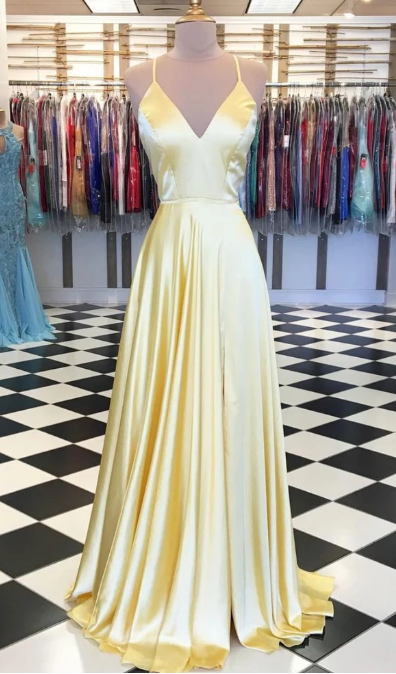 Schlichtes langes Ballkleid aus gelbem Satin, gelbes Abendkleid, gelbes Abendkleid cg2223