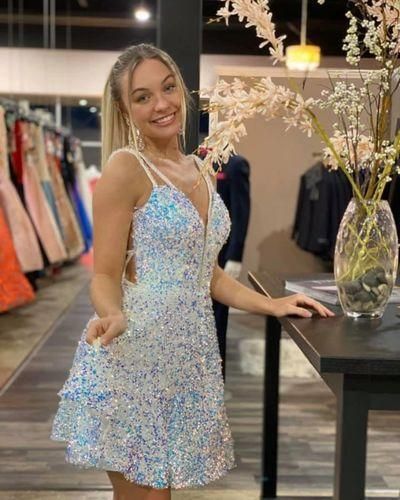 A-line White and Blue Sequined Party Homecoming Dress, cg22234 classygown A-line White and Blue Sequined Party Homecoming Dress, cg22234 classygown