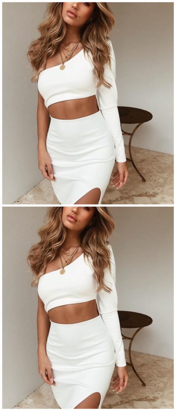 Two Piece One Shoulder Long Sleeve Short Homecoming Dress cg22247