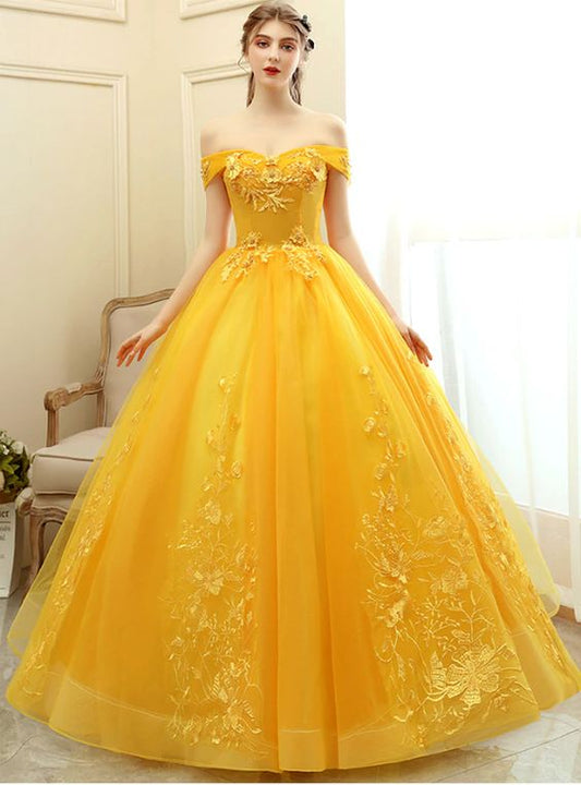 Gelbes Tüll-Off-the-Shoulder-Applikationen Quinceanera-Kleid, Ballkleid, Abendkleid cg22252
