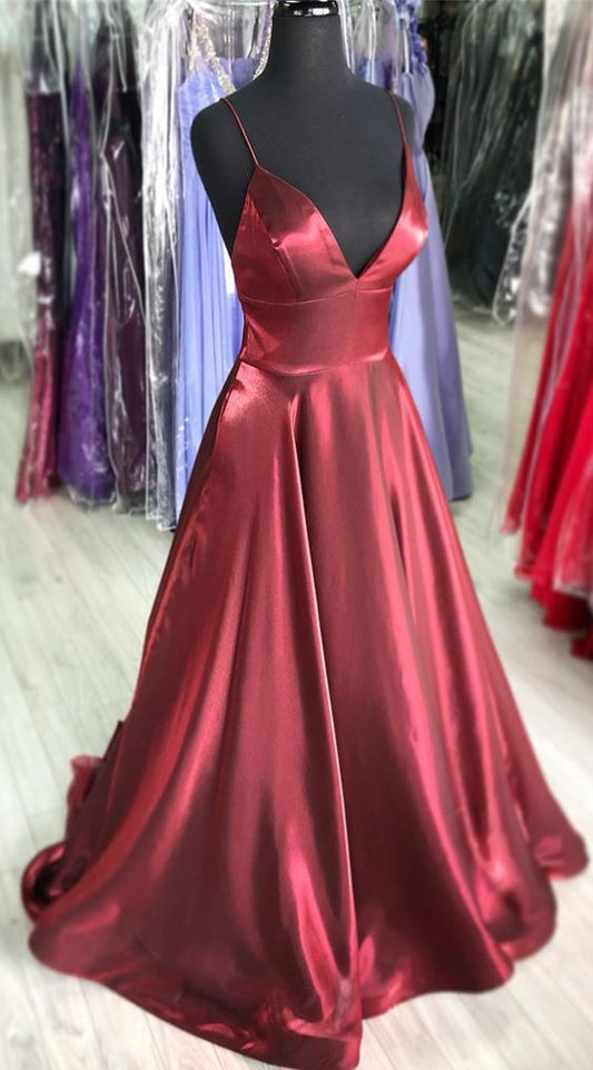 Spaghettiträger V-Ausschnitt Langes Ballkleid Burgunderrot Formales Abendkleid cg2226
