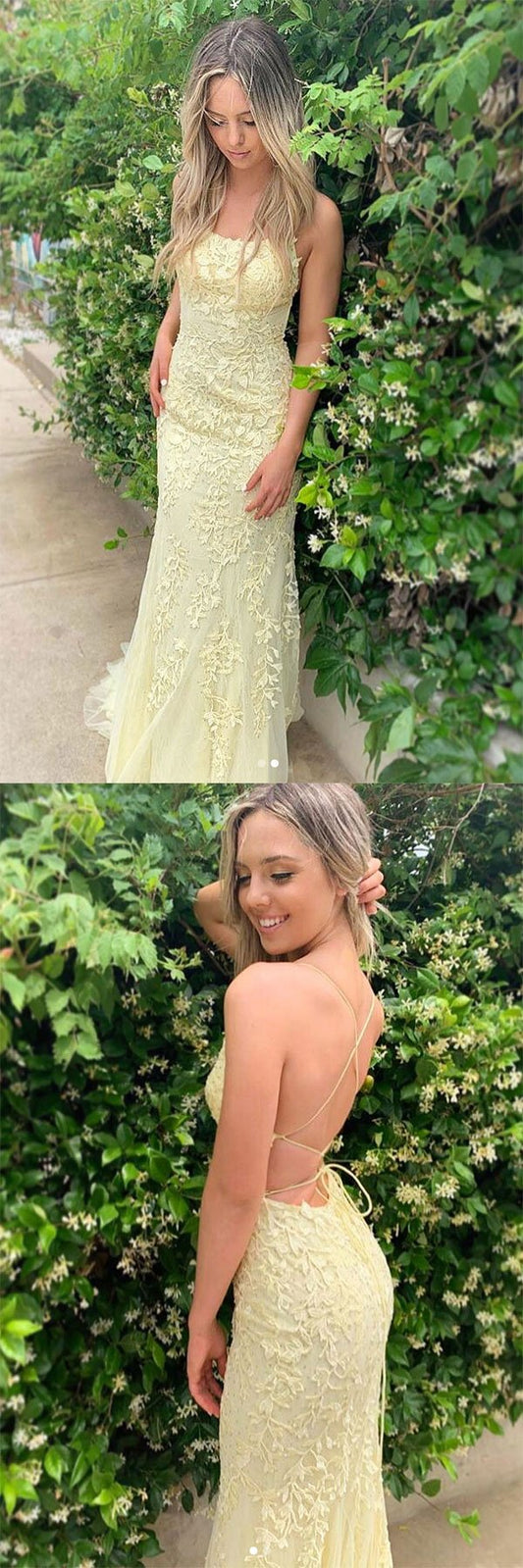 Gelbes rückenfreies langes Abendkleid aus Tüllspitze, gelbes Ballkleid cg22307