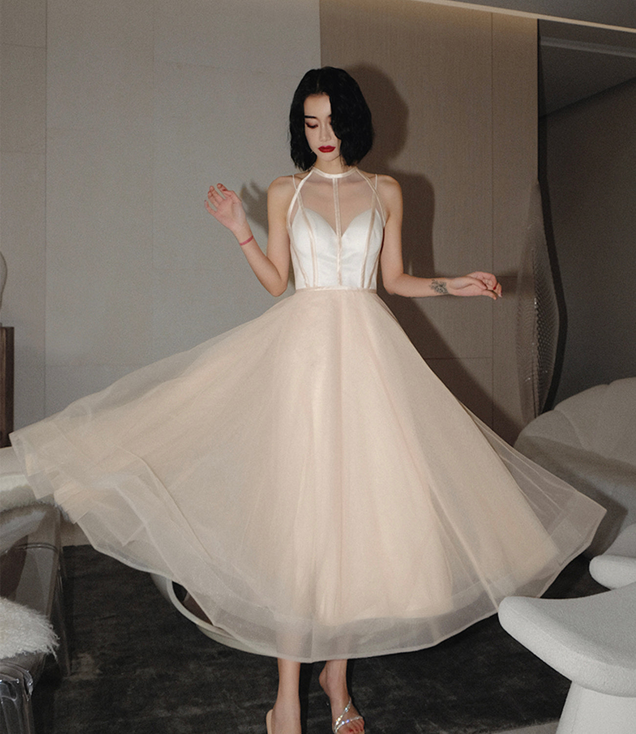 CUTE TULLE SEE THROUGH SHORT PROM DRESS CHAMPAGNE EVENING DRESS cg2231 classygown CUTE TULLE SEE THROUGH SHORT PROM DRESS CHAMPAGNE EVENING DRESS cg2231 classygown