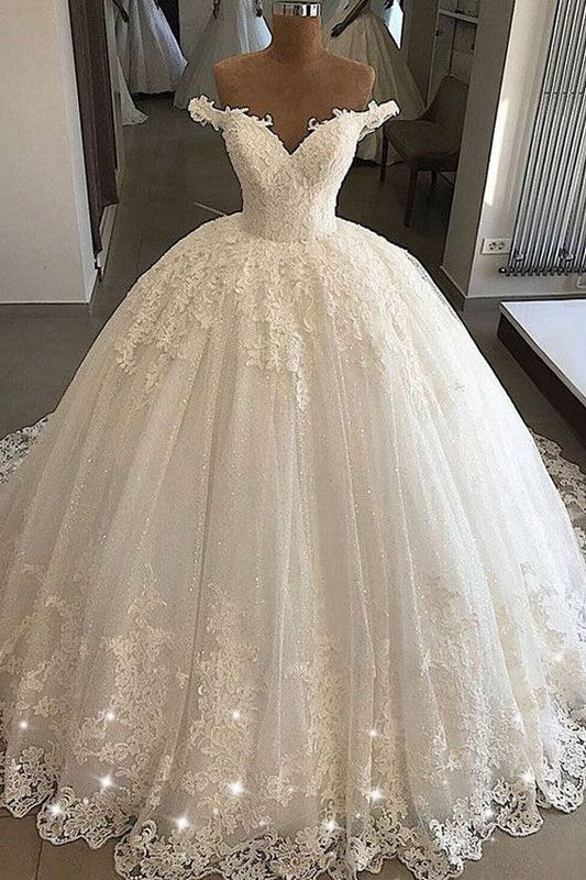 Neue Ankunft Ballkleid Weiß Spitze Brautkleider Off Schulter Frauen Brautkleider Prom Kleid cg22344