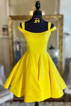 Simple yellow satin short yellow cocktail dress Homecoming Dress cg22347