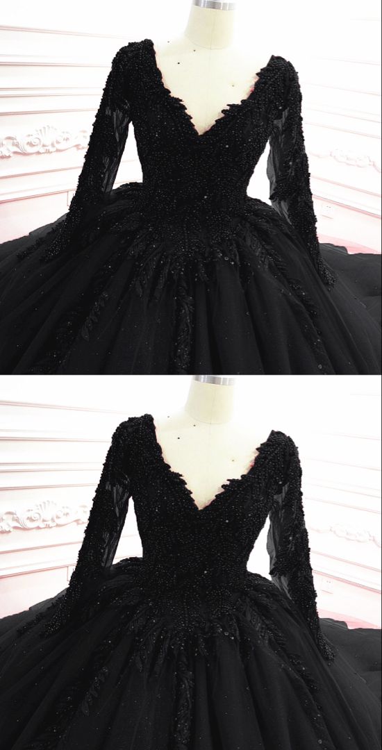 Gothic Schwarze Brautkleider mit Ärmeln Ballkleider cg22356