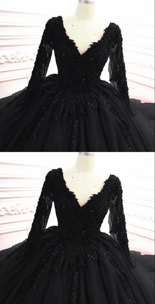 Gothic Schwarze Brautkleider mit Ärmeln Ballkleider cg22356