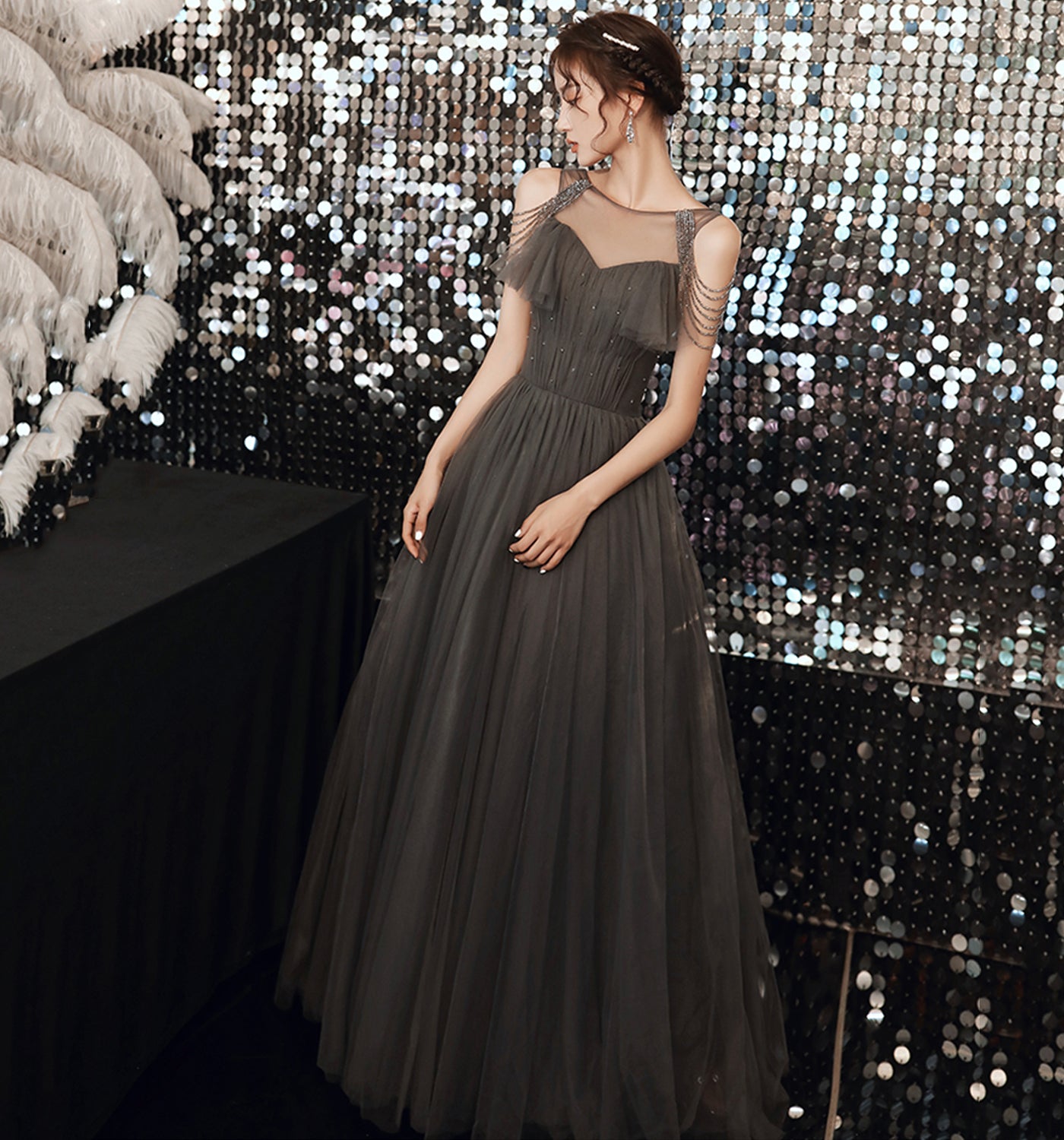 gray tulle prom dress Light Gray Tulle Lace Long Prom Dress, Floor Length Off the Shoulder Formal Dresses UQ2579