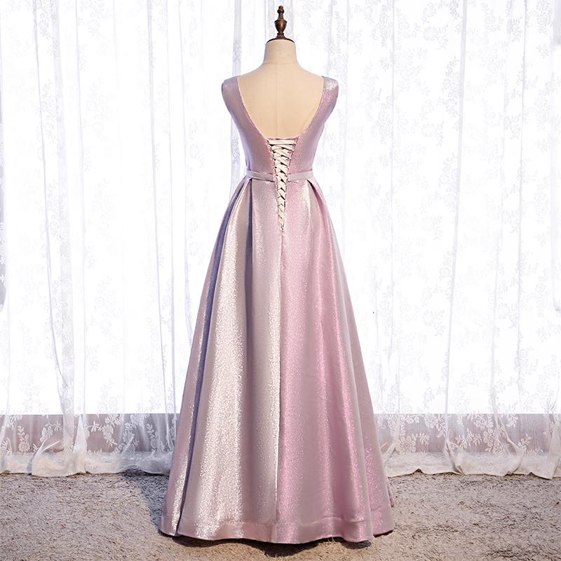 Rosa Satin V-Ausschnitt Glänzendes A-Linien-Partykleid Ballkleid, Rosa Langes Abendkleid Brautjungfernkleid cg22374