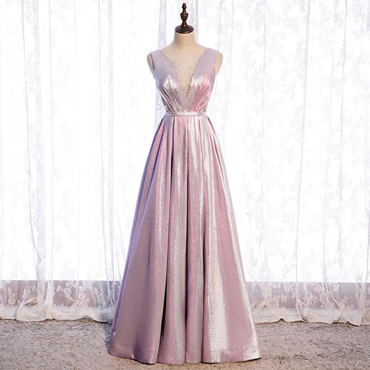 Rosa Satin V-Ausschnitt Glänzendes A-Linien-Partykleid Ballkleid, Rosa Langes Abendkleid Brautjungfernkleid cg22374