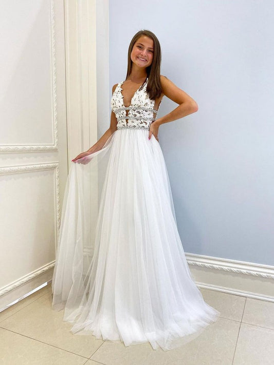 Weißes langes Ballkleid aus Tüll mit V-Ausschnitt, weißes Abendkleid aus Spitze, cg22381