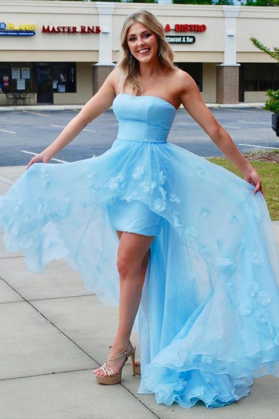 princess strapless blue long prom dress with flowers hi-low long formal dress cg22396