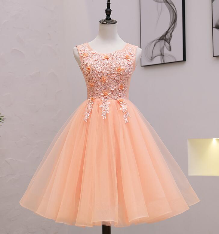 Cute Pink Flowers And Lace Applique Round Neckline Party Dress, Pink Homecoming Dress cg22425