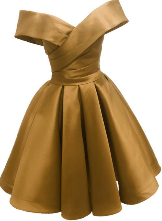 Champagner Satin Kurzes Off Shoulder Brautjungfernkleid, Süßes Kurzes Homecoming Kleid cg22427