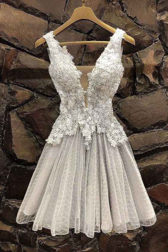 Gray Tulle Lace Short Dress, Gray Tulle Lace Homecoming Dress cg22480