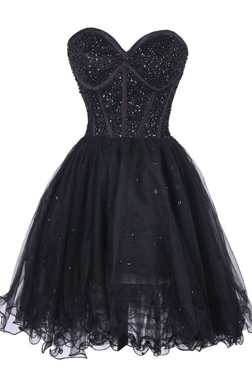 Black Beaded Embellished Sweetheart Short Tulle Homecoming Dress cg22497