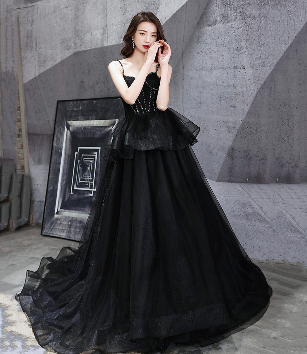 SCHWARZES LANGES BALLKLEID AUS TÜLL SCHWARZES ABENDKLEID cg22508