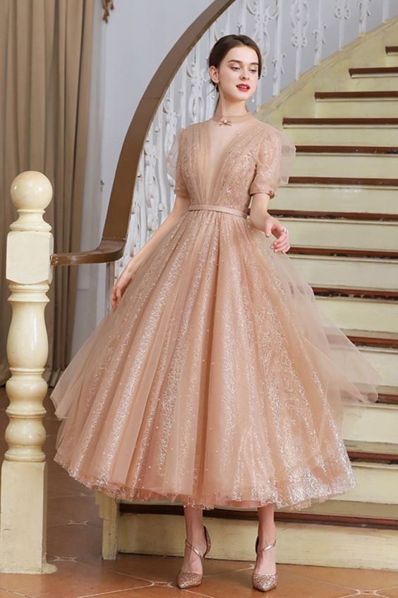 Champagner Partykleid Abschlussball Partykleid Funktionen mit kurzen Ärmeln cg22511