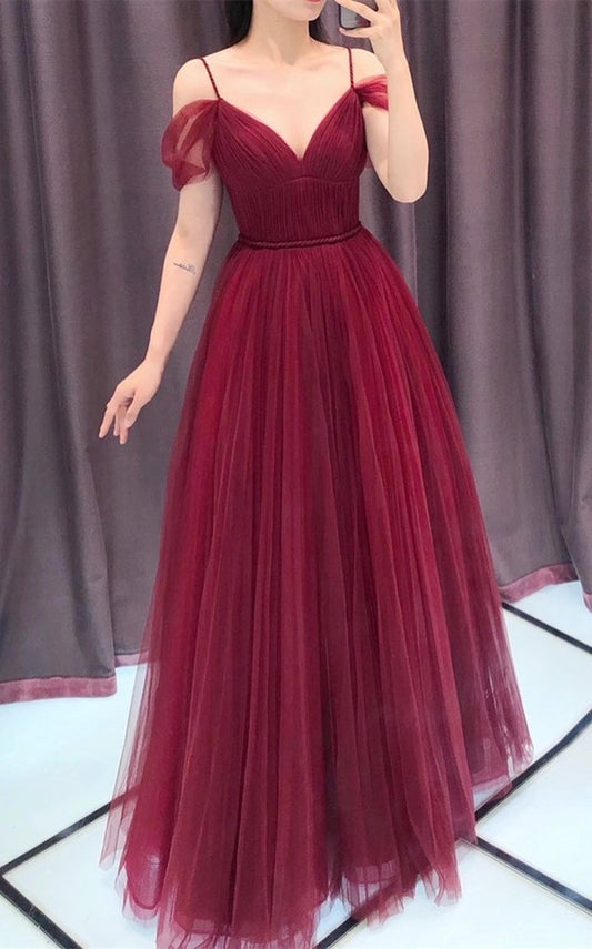 Weinrote Träger, schulterfrei, A-Linie, Tüll, Abendkleid, Partykleid, dunkelrotes Ballkleid, formelles Kleid, cg22521
