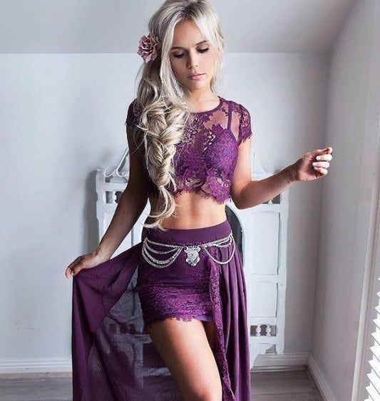 Zweiteilige Ballkleider, Ballkleid aus Spitze und Chiffon, langärmliges Ballkleid aus Spitze mit Schlitz cg22544