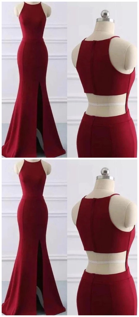 Weinrotes Neckholder-Meerjungfrauen-Partykleid mit langem Beinschlitz, sexy langes Abendkleid, Ballkleid cg22571