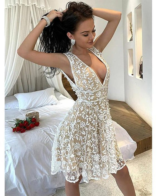 Damen A-Linien-Kleid, knielanges Kleid, ärmellos, Spitze, Homecoming-Kleid, cg22578