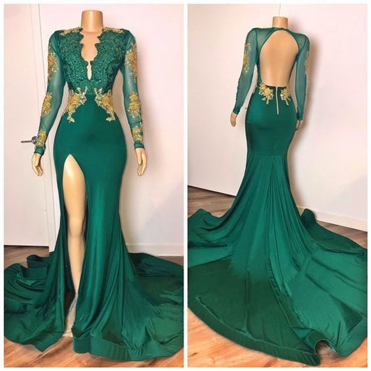 Grünes Meerjungfrau-Ballkleid mit langen Ärmeln und V-Ausschnitt und Spitze, cg22580