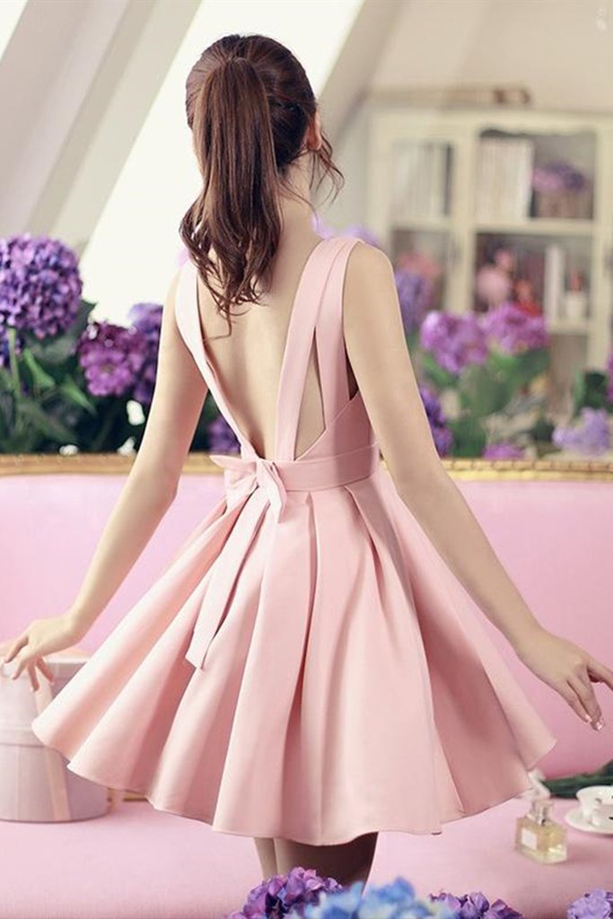 Cute V Neck Open Back Pink Satin Short Homecoming Dress, V Neck Pink Formal Graduation Evening Dress cg22584