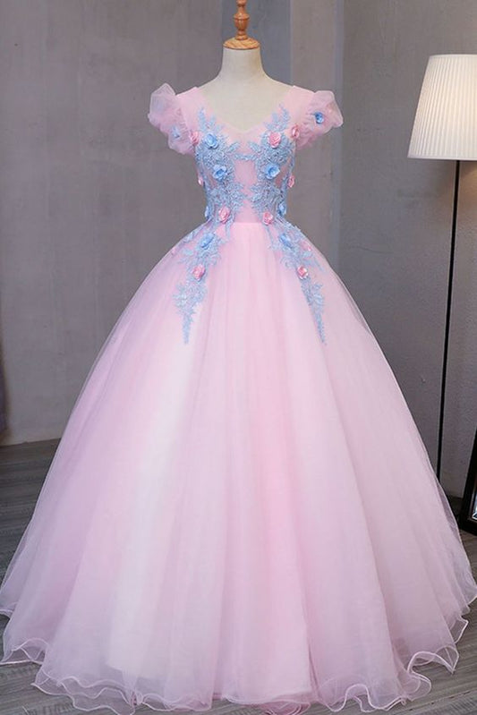Besonderes langes Ballkleid aus rosa Tüll mit V-Ausschnitt und blauen Spitzenapplikationen, cg2260