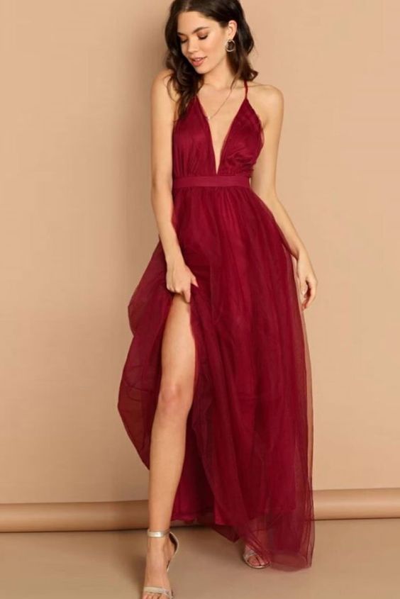 Simple v neck burgundy tulle long prom dress burgundy evening dress cg22624