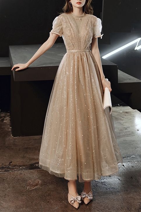 Vintage Style A-line champagne party dress features with short sleeves homecoming dress cg22636