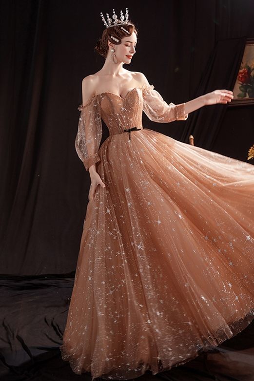 Gorgeous long sleeves champagne evening dress features with A-line Pro classygown Gorgeous long sleeves champagne evening dress features with A-line Pro classygown