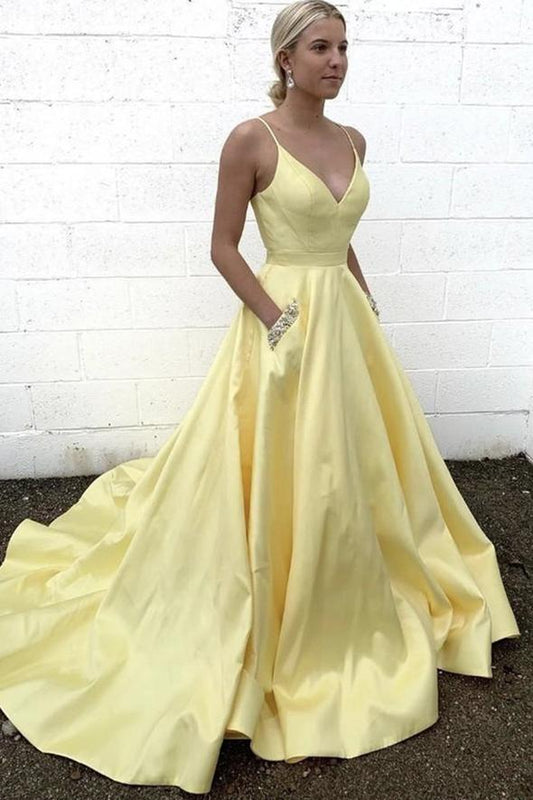 Gelbes langes A-Linien-Ballkleid aus Satin, Abendkleid cg22639