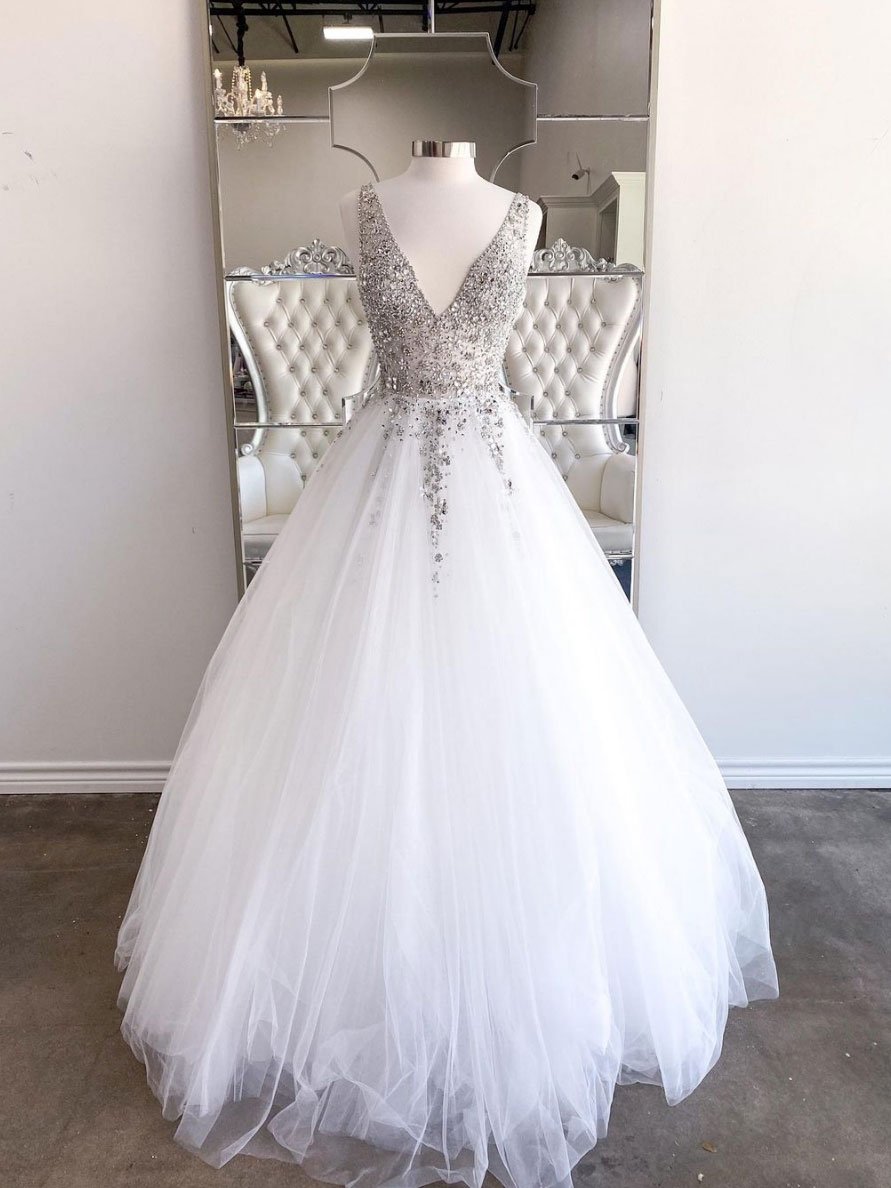 White v neck tulle beads sequin long prom dress white evening dress cg22642