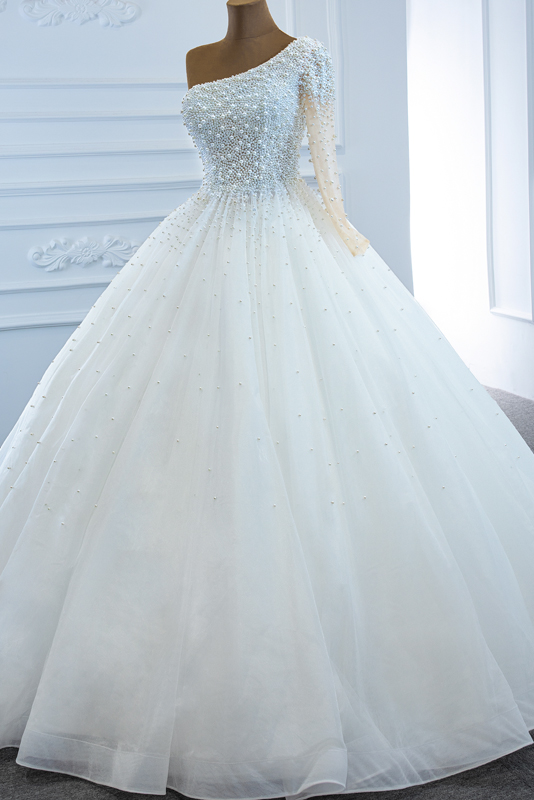White Tulle One Shoulder Long Crystal Beaded Prom Dress, Formal Dress classygown White Tulle One Shoulder Long Crystal Beaded Prom Dress, Formal Dress classygown