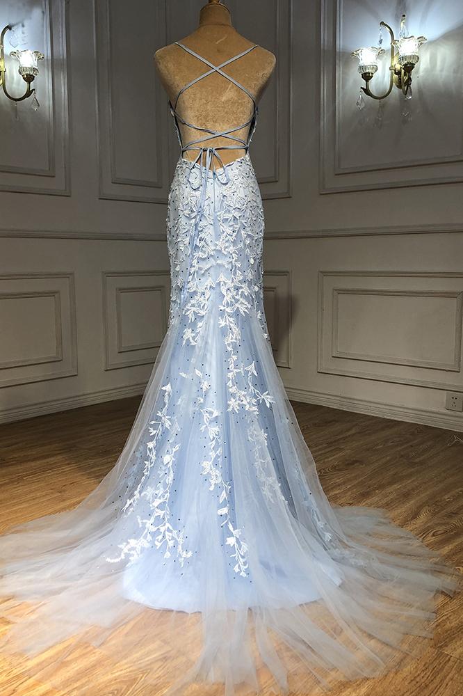 Hellblaues langes Meerjungfrau-Ballkleid mit Tüll-Spitzenapplikationen, Partykleid mit offenem Rücken cg22659