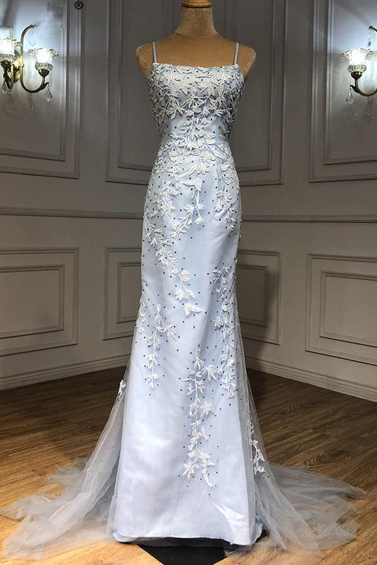 Hellblaues langes Meerjungfrau-Ballkleid mit Tüll-Spitzenapplikationen, Partykleid mit offenem Rücken cg22659