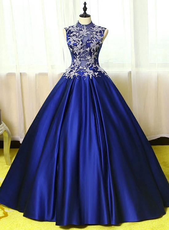Royal Blue Satin Long Party Dress, Blue Formal Gowns, Prom Gowns cg22667
