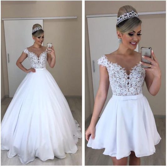 Erstaunliches weißes Ballkleid mit Spitzenoberteil, langes/kurzes Ballkleid cg2267