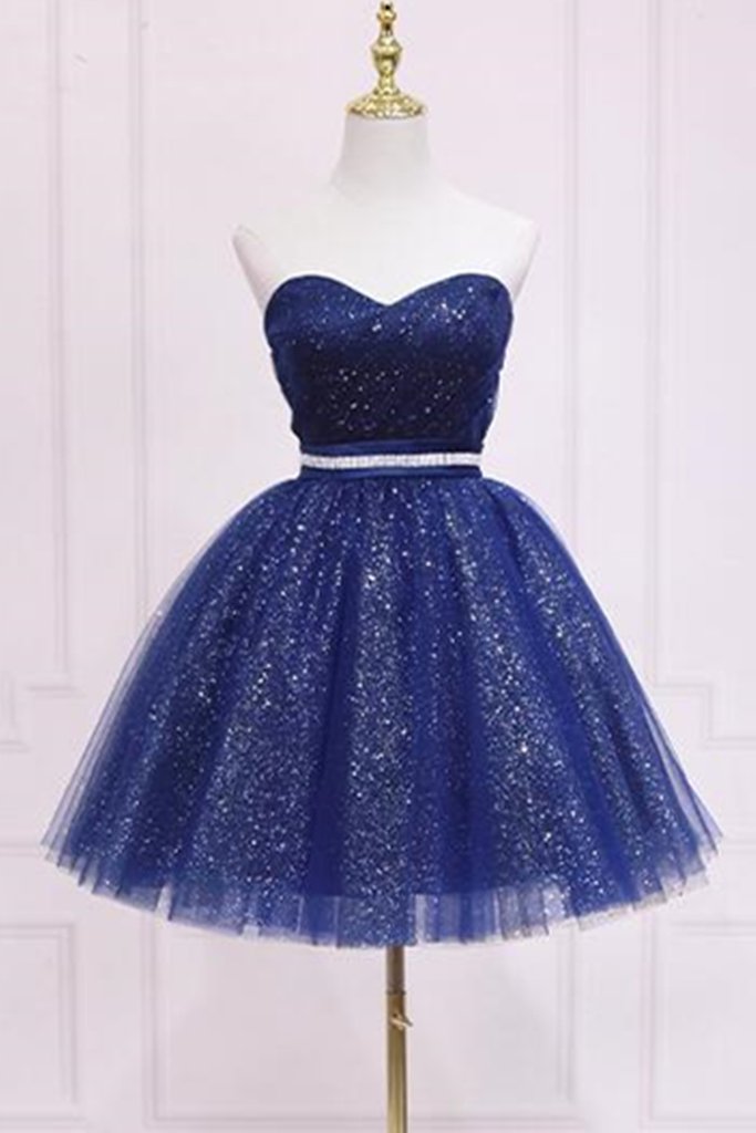 Homecoming Dress with Belt, Sparkly Blue Formal Evening Dress cg22685
