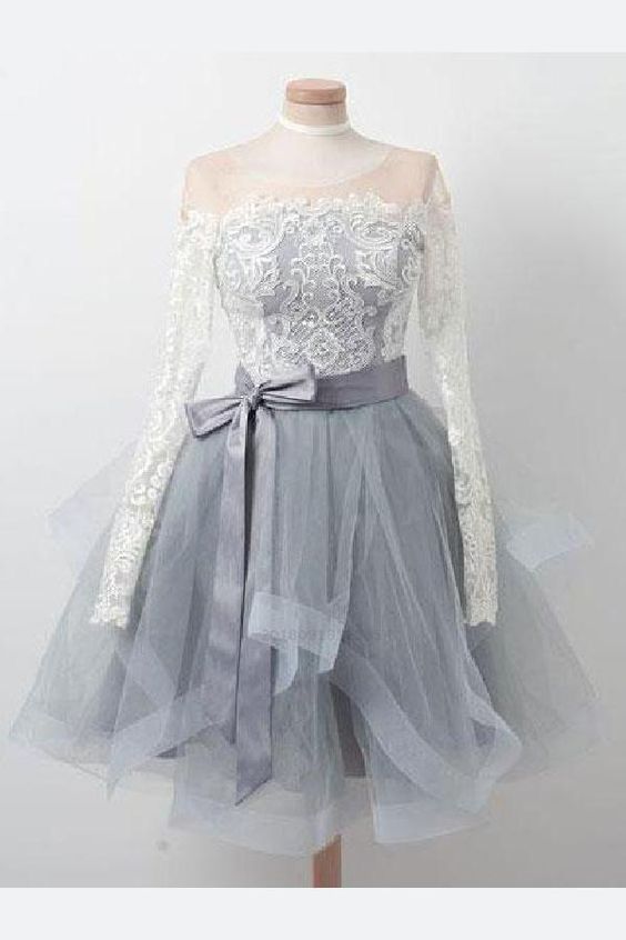 Elegante Spitze Lange Ärmel Organza Reißverschluss Hinten Kurze Homecoming Kleider cg227